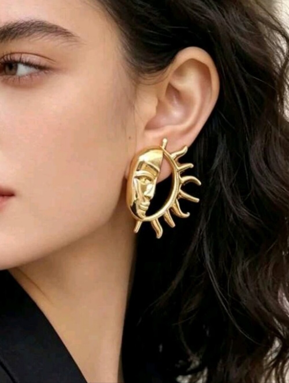 NEW! 14K Gold Plated Stunning Sun Face Statement Post Earrings - Women Jewelry